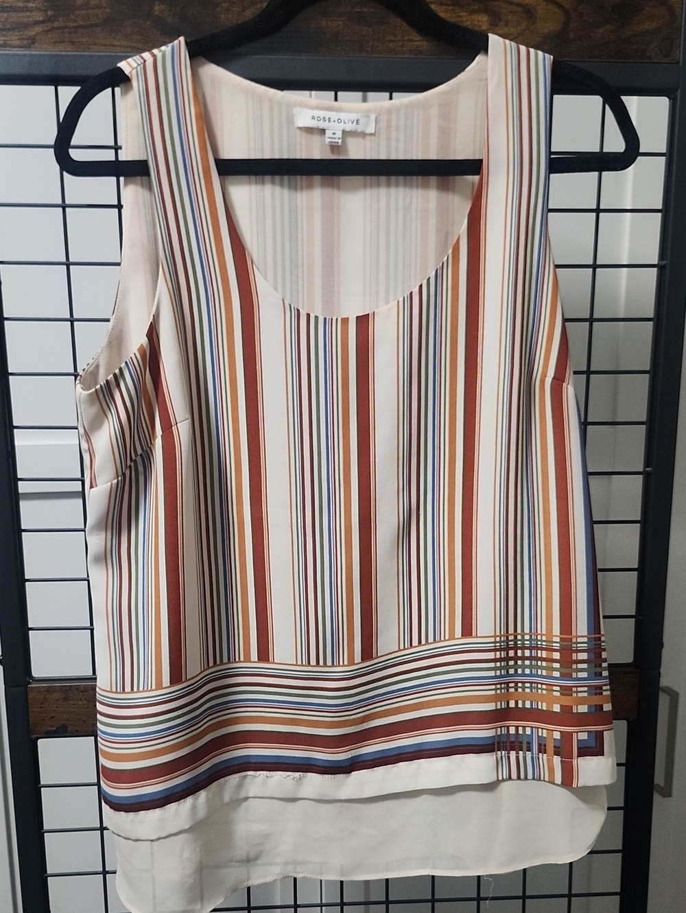 Rose & Olive Cream Striped Sleeveless Tank with Rust and Blue Accents